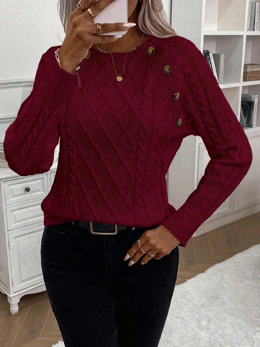 Women's Button-Detail Cable Jumper