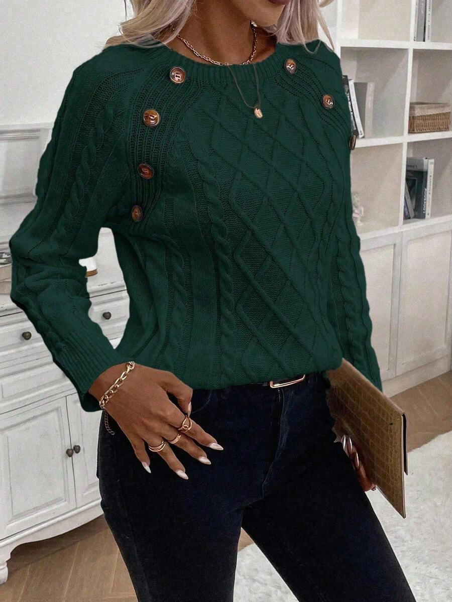 Women's Button-Detail Cable Jumper