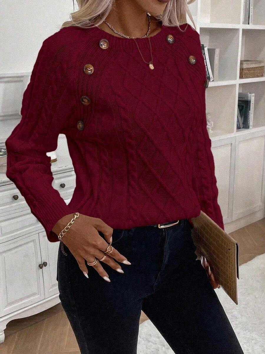 Women's Button-Detail Cable Jumper