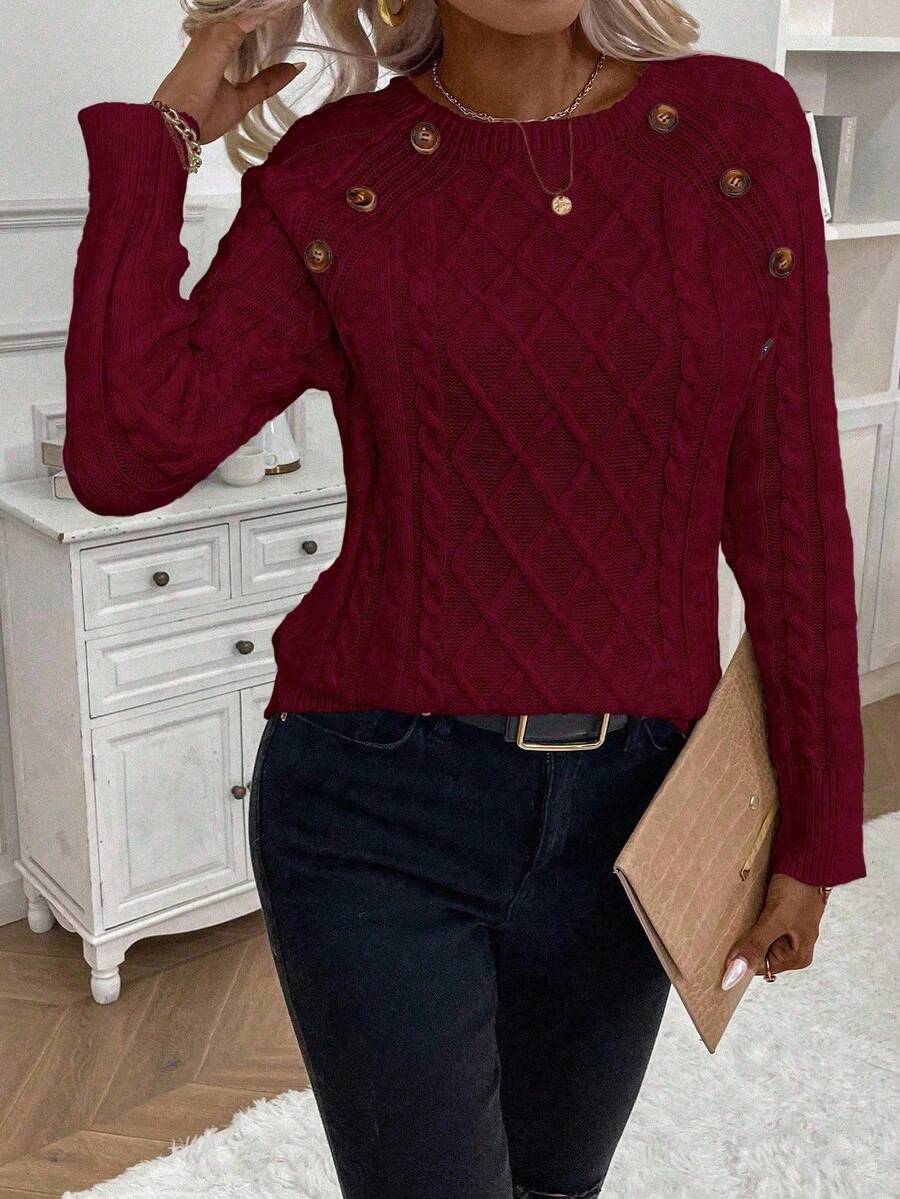 Women's Button-Detail Cable Jumper