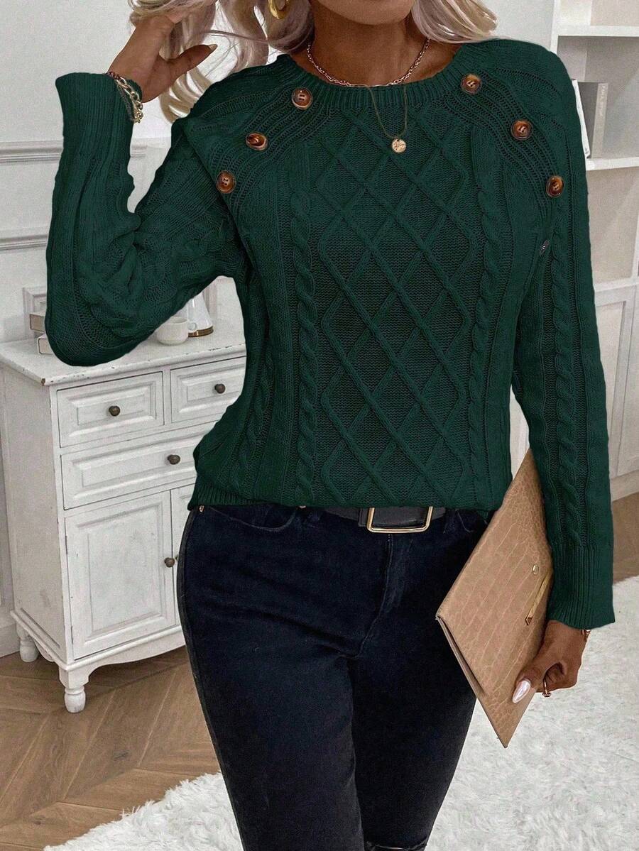 Women's Button-Detail Cable Jumper