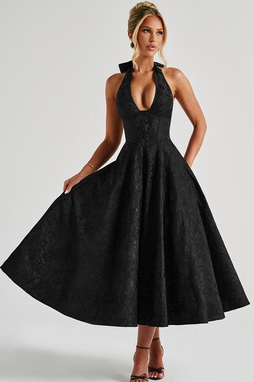 Women's V-Neck Halterneck Sleeveless Jacquard Maxi Dress