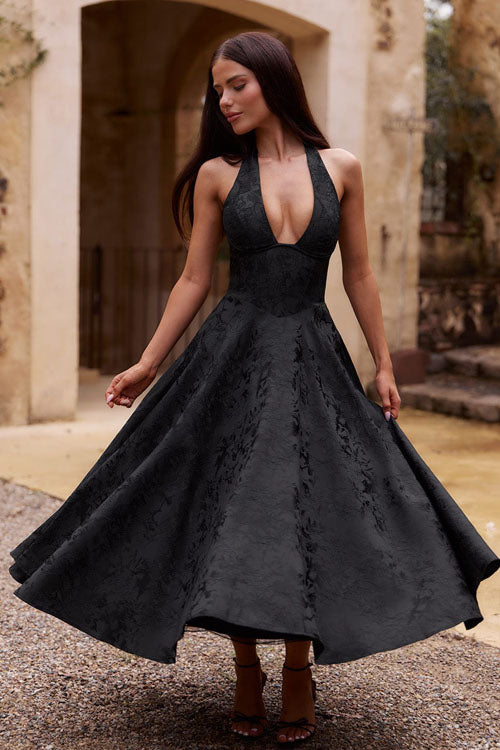 Women's V-Neck Halterneck Sleeveless Jacquard Maxi Dress