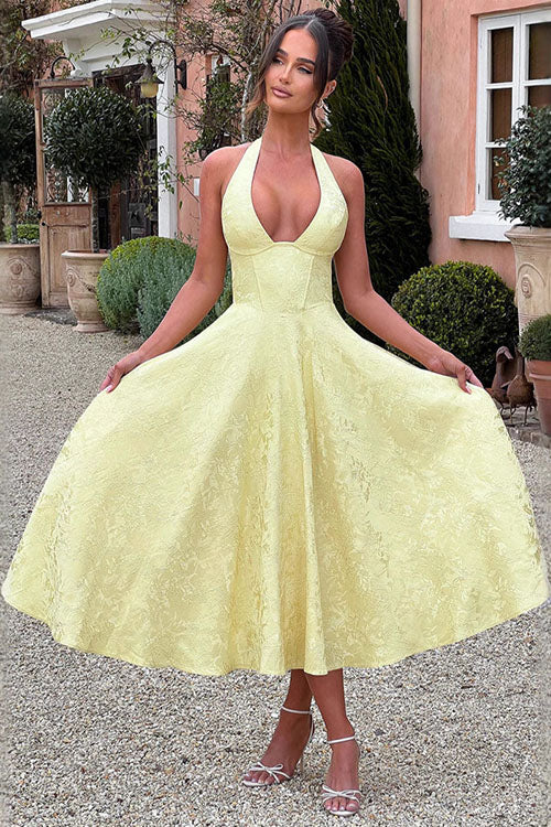 Women's V-Neck Halterneck Sleeveless Jacquard Maxi Dress