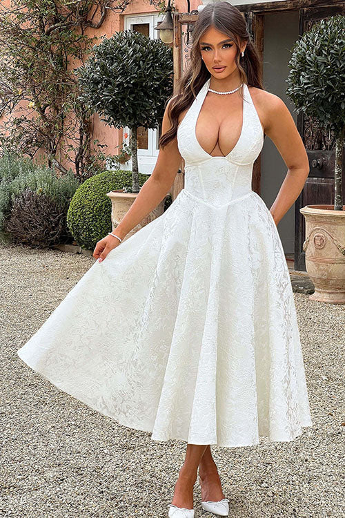 Women's V-Neck Halterneck Sleeveless Jacquard Maxi Dress