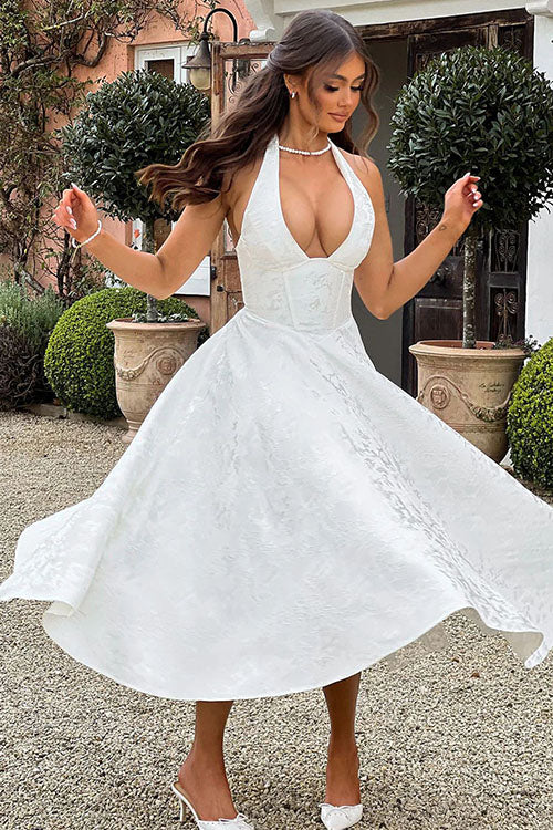Women's V-Neck Halterneck Sleeveless Jacquard Maxi Dress