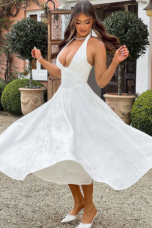 Women's V-Neck Halterneck Sleeveless Jacquard Maxi Dress