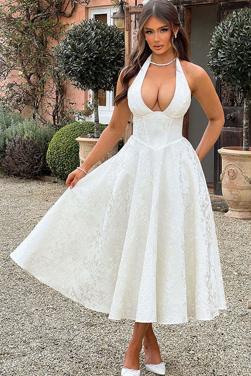 Women's V-Neck Halterneck Sleeveless Jacquard Maxi Dress
