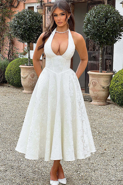 Women's V-Neck Halterneck Sleeveless Jacquard Maxi Dress