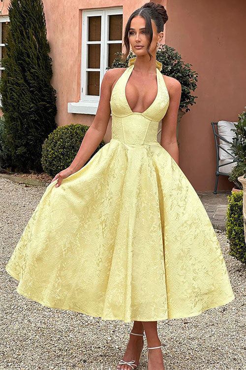 Women's V-Neck Halterneck Sleeveless Jacquard Maxi Dress
