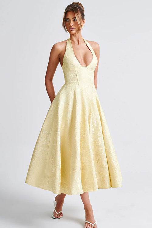 Women's V-Neck Halterneck Sleeveless Jacquard Maxi Dress