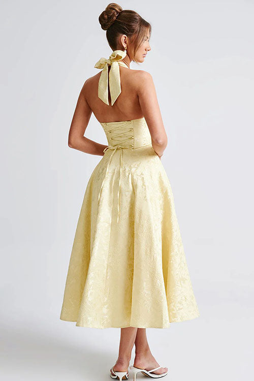 Women's V-Neck Halterneck Sleeveless Jacquard Maxi Dress
