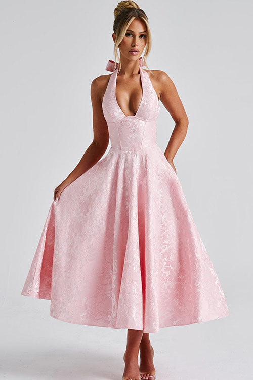 Women's V-Neck Halterneck Sleeveless Jacquard Maxi Dress