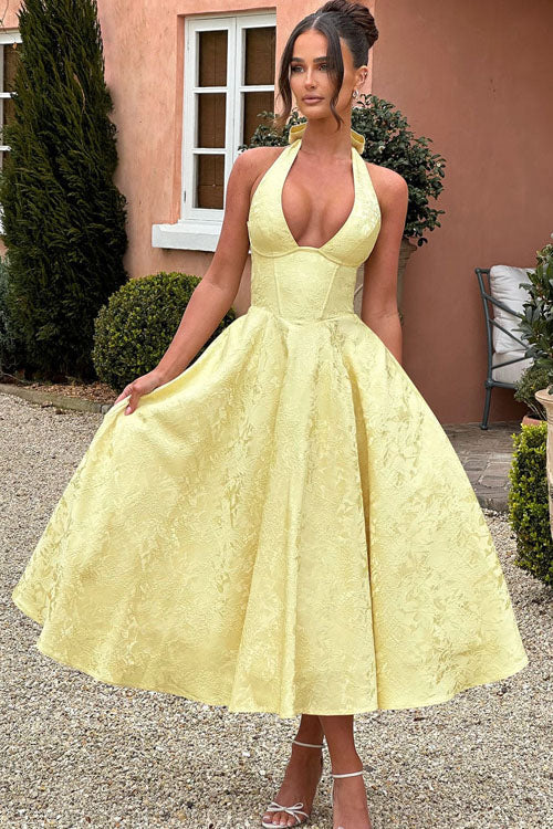 Women's V-Neck Halterneck Sleeveless Jacquard Maxi Dress