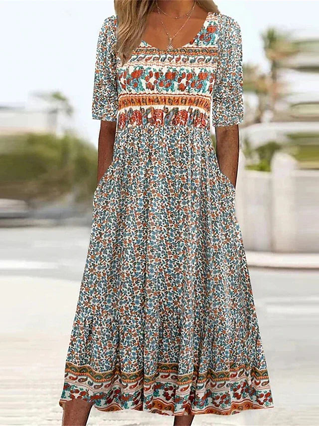 Women's Dress with Bohemian Print and Round Neckline