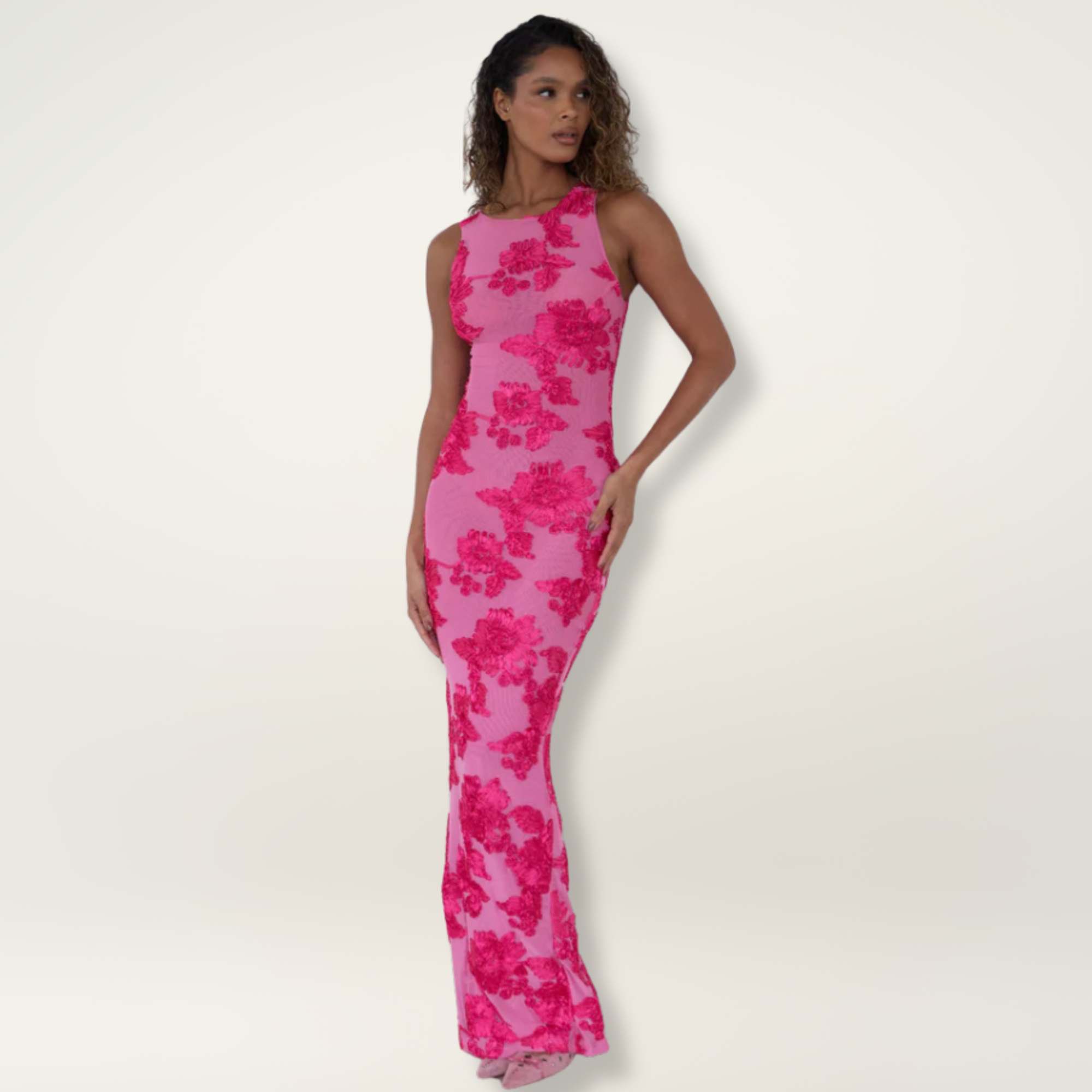 Women's Elegant Maxi Dress with Pink Floral Design