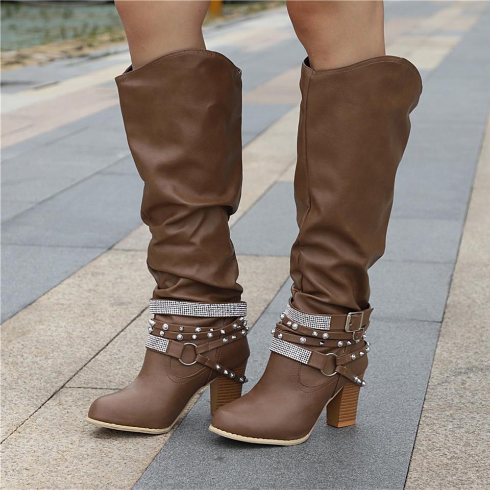 Women's Knee-High Boots - Slouchy Design - Block Heel