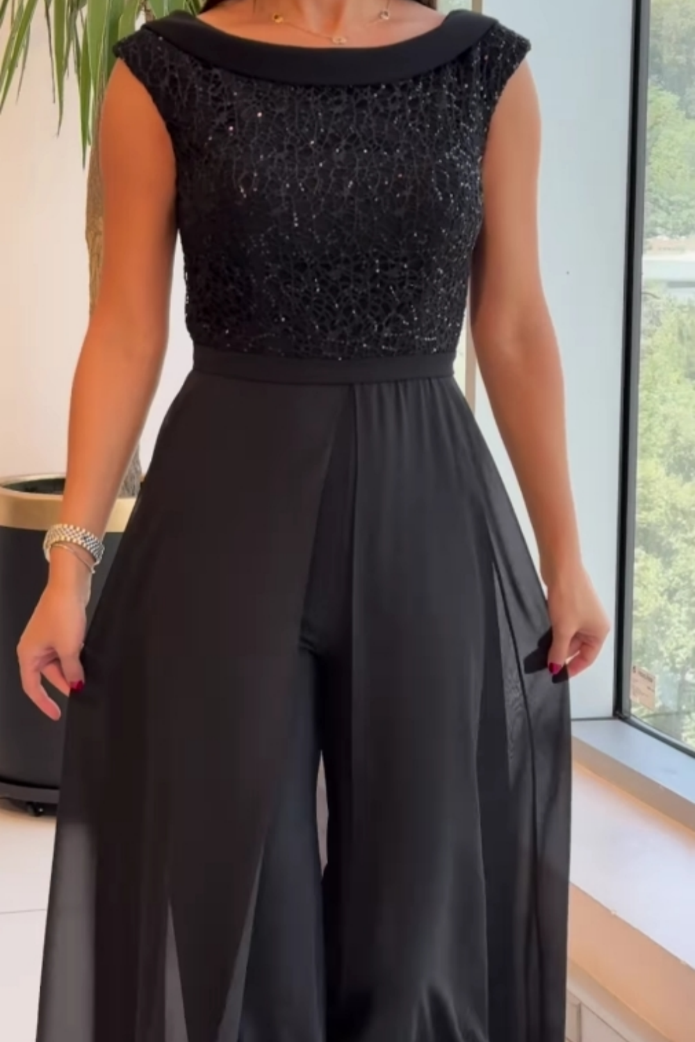 Women's Crew-Neck Textured-Panel Jumpsuit