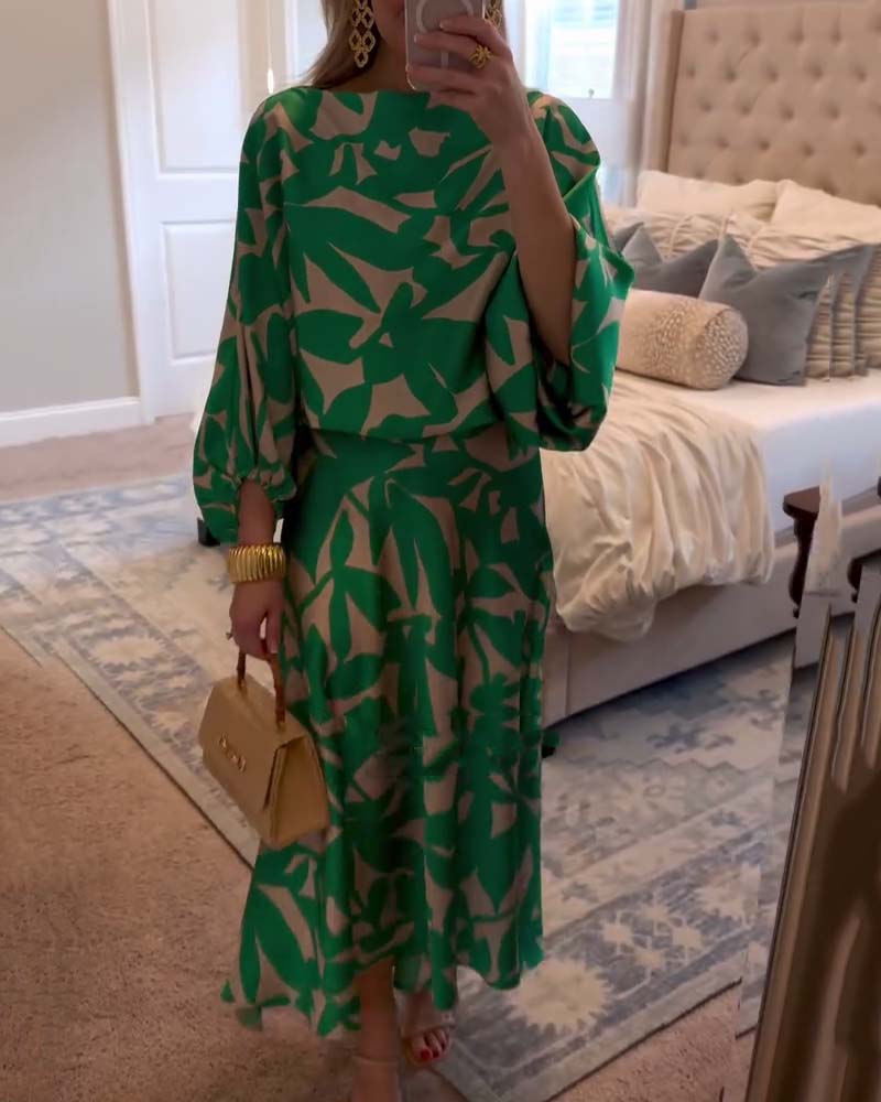 Women's Two-Piece Printed Set with Lantern Sleeves