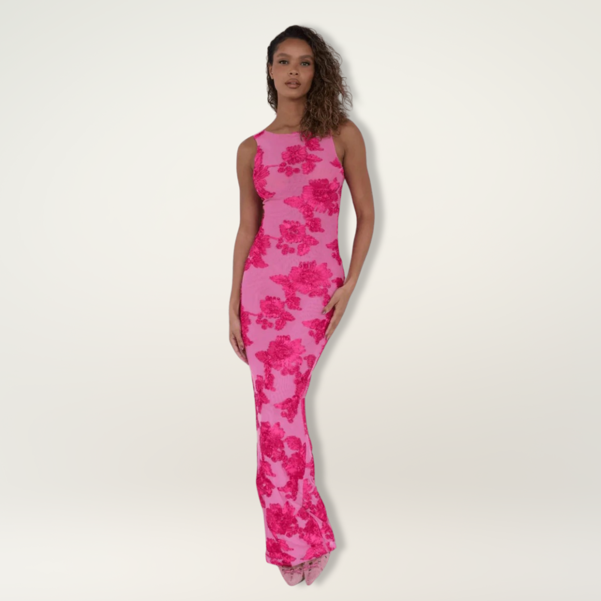 Women's Elegant Maxi Dress with Pink Floral Design