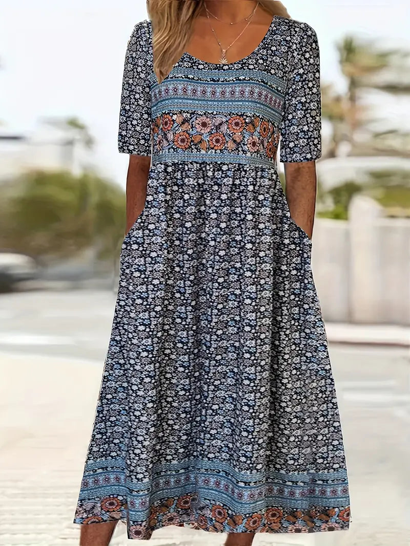 Women's Dress with Bohemian Print and Round Neckline