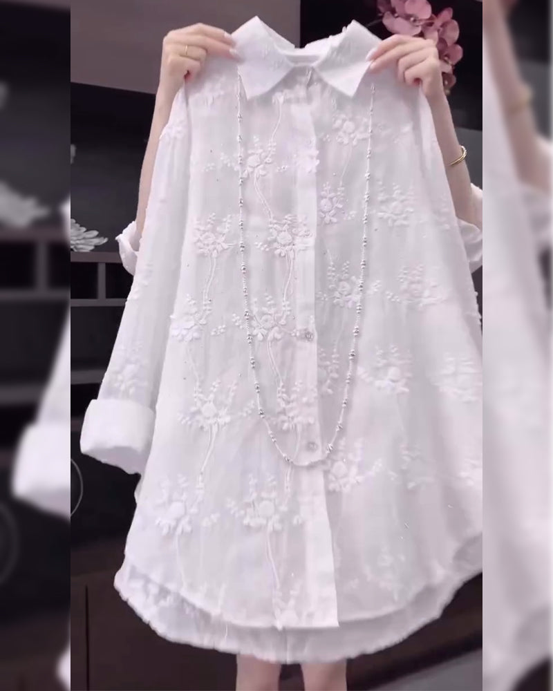 Women's Floral Solid Color Shirt with Dropped Shoulders