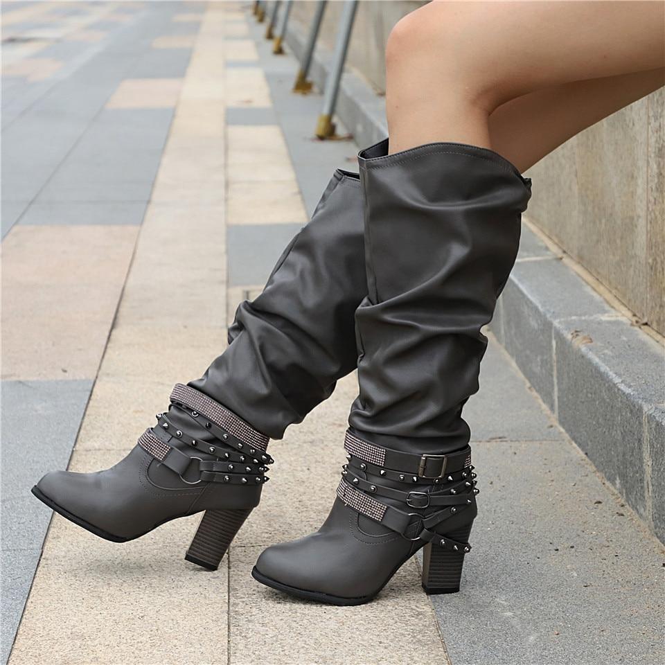Women's Knee-High Boots - Slouchy Design - Block Heel