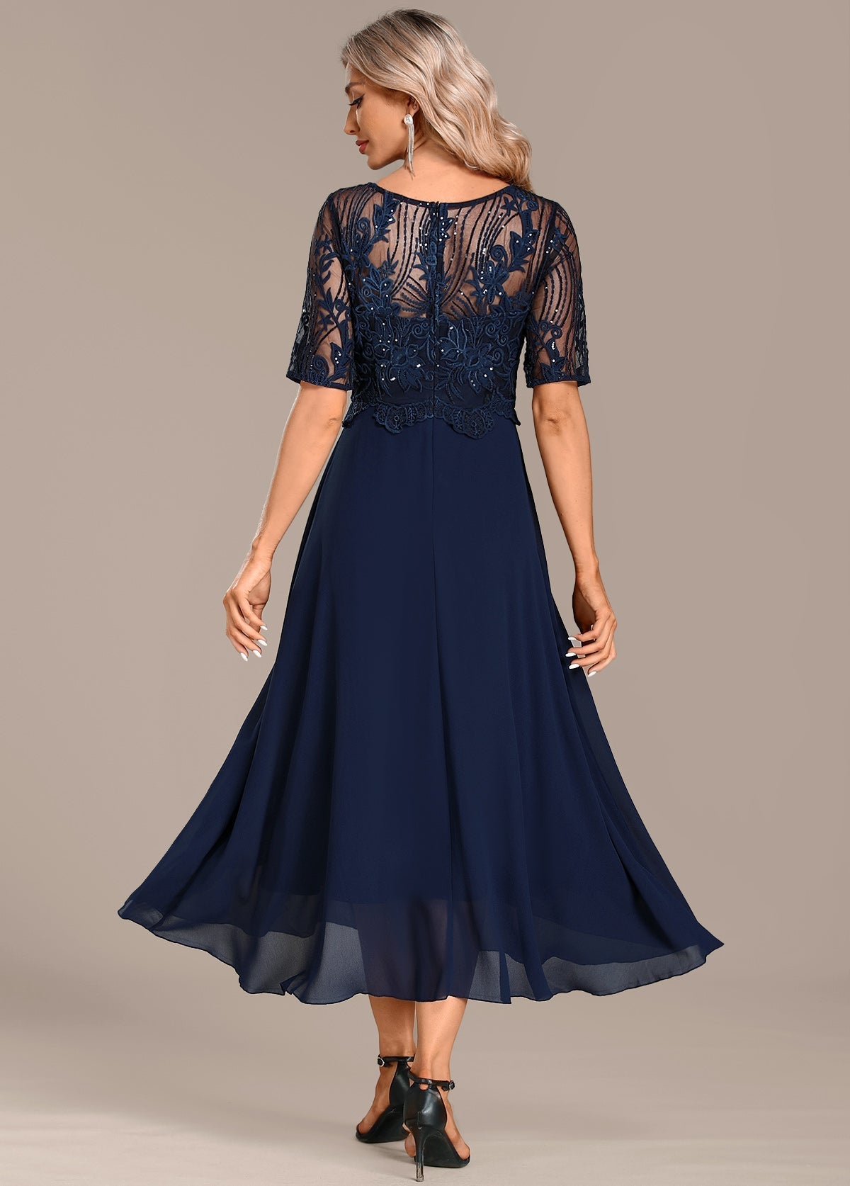 Women's Navy Lace Short Sleeve Round Neck Dress