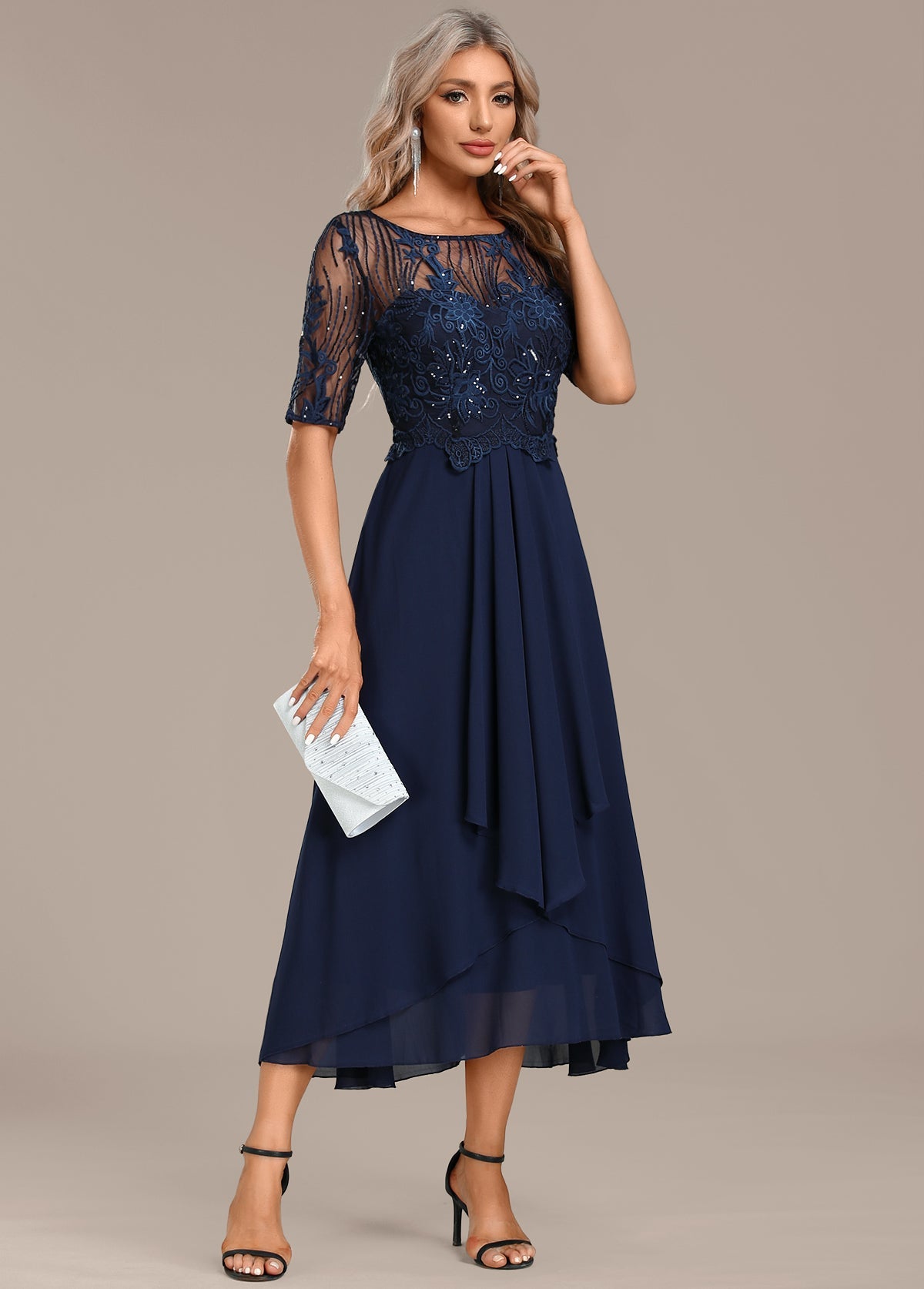 Women's Navy Lace Short Sleeve Round Neck Dress