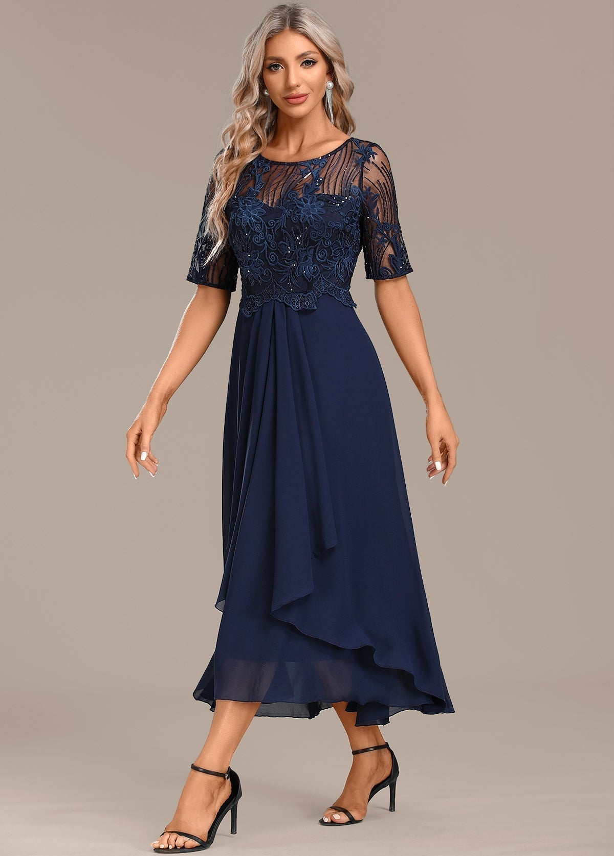 Women's Navy Lace Short Sleeve Round Neck Dress