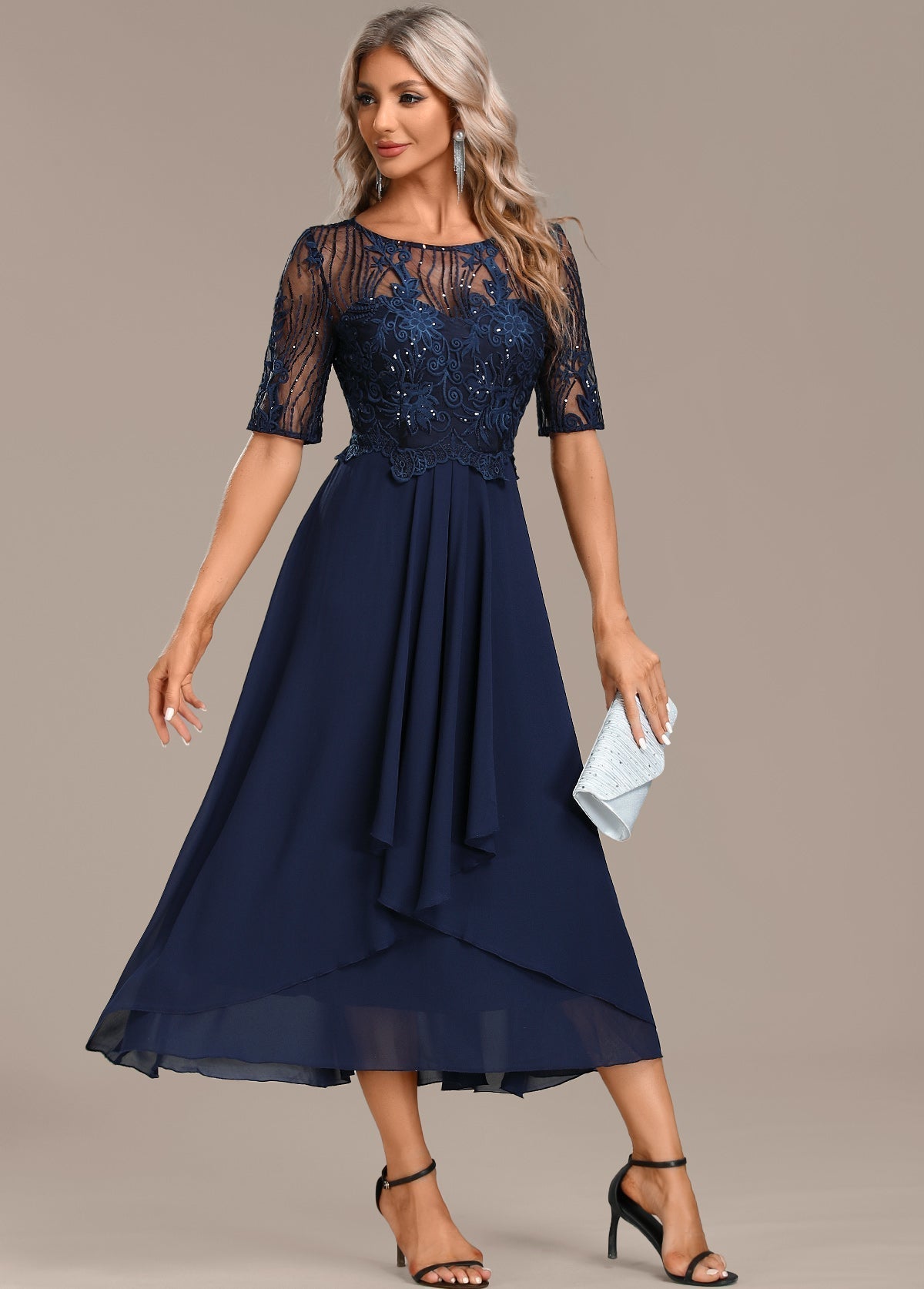 Women's Navy Lace Short Sleeve Round Neck Dress