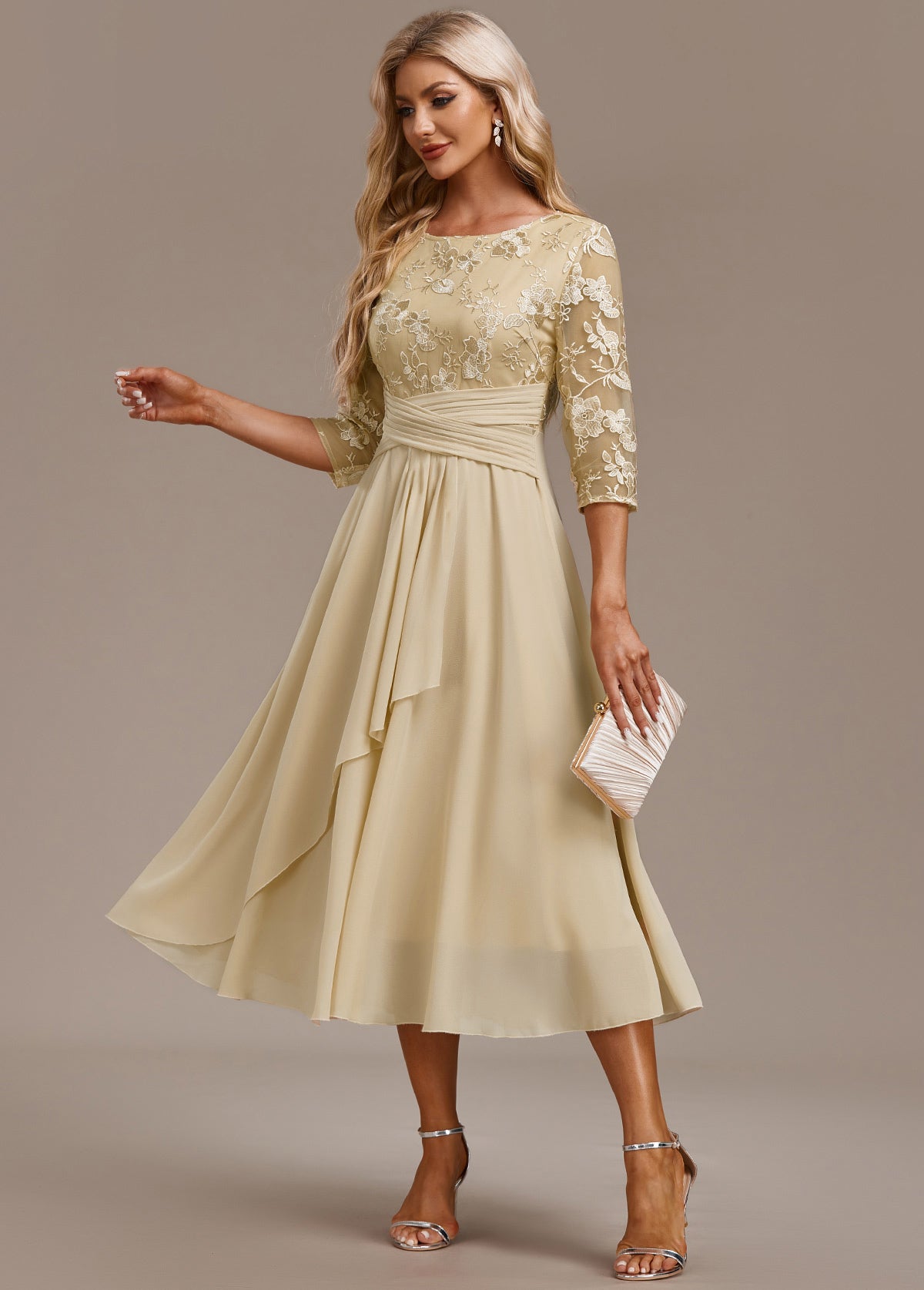 Women's Champagne FLoral 3/4 Sleeve Round Neck Dress