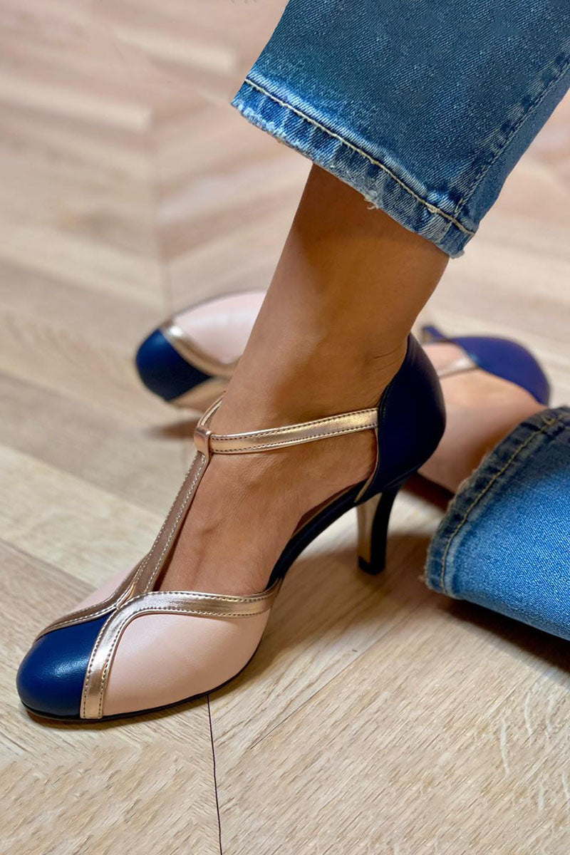 Women's Colorful T-Strap Pumps with Round Toe