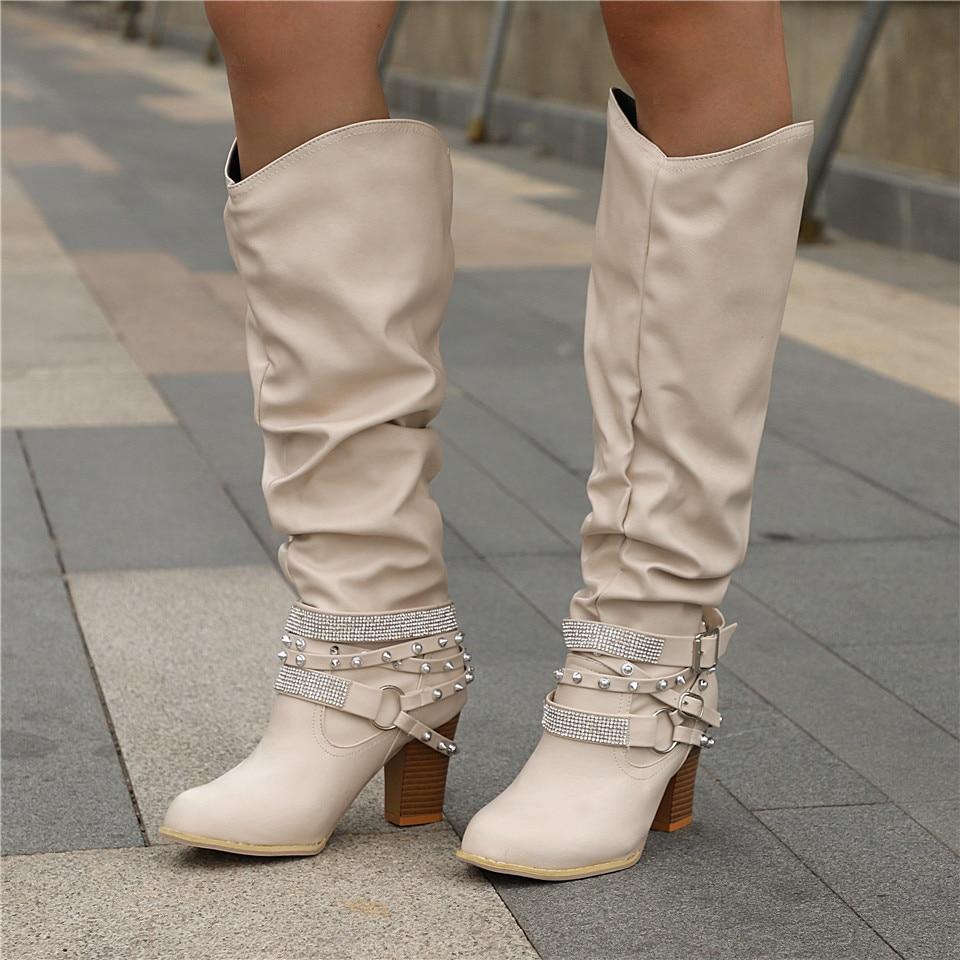 Women's Knee-High Boots - Slouchy Design - Block Heel