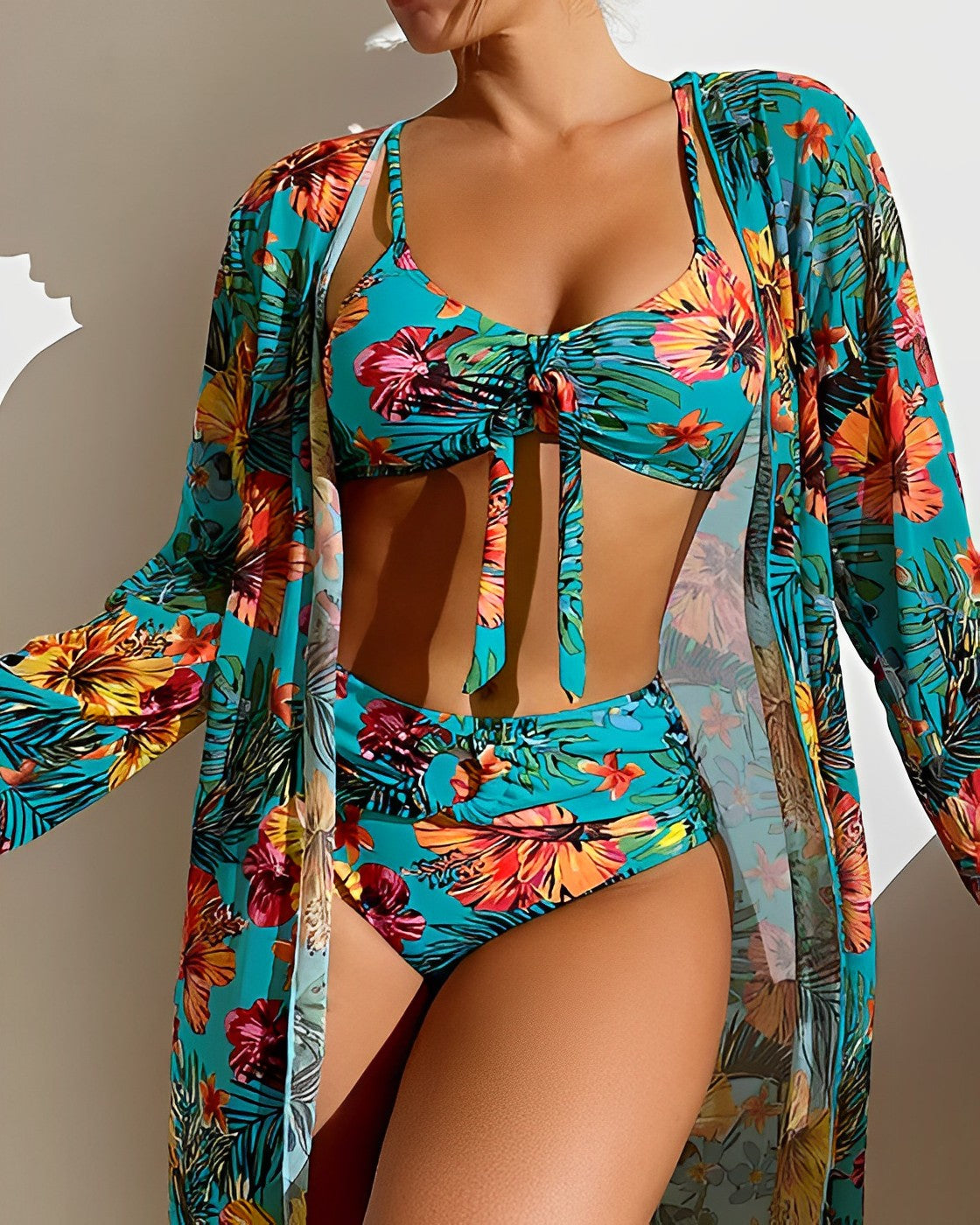 Women's Tropical Print Bikini Set with Cover-Up
