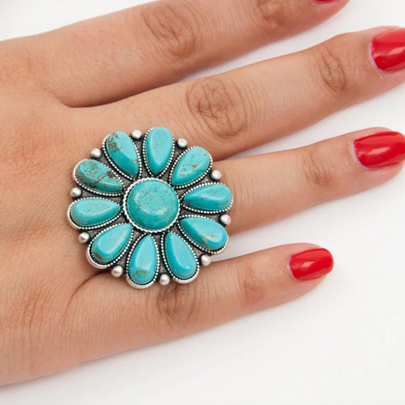 Women's Turquoise Alloy Flower Ring