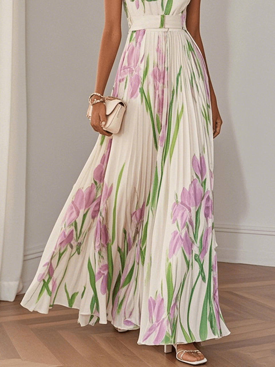 Women's White Pleated Floral Maxi Dress