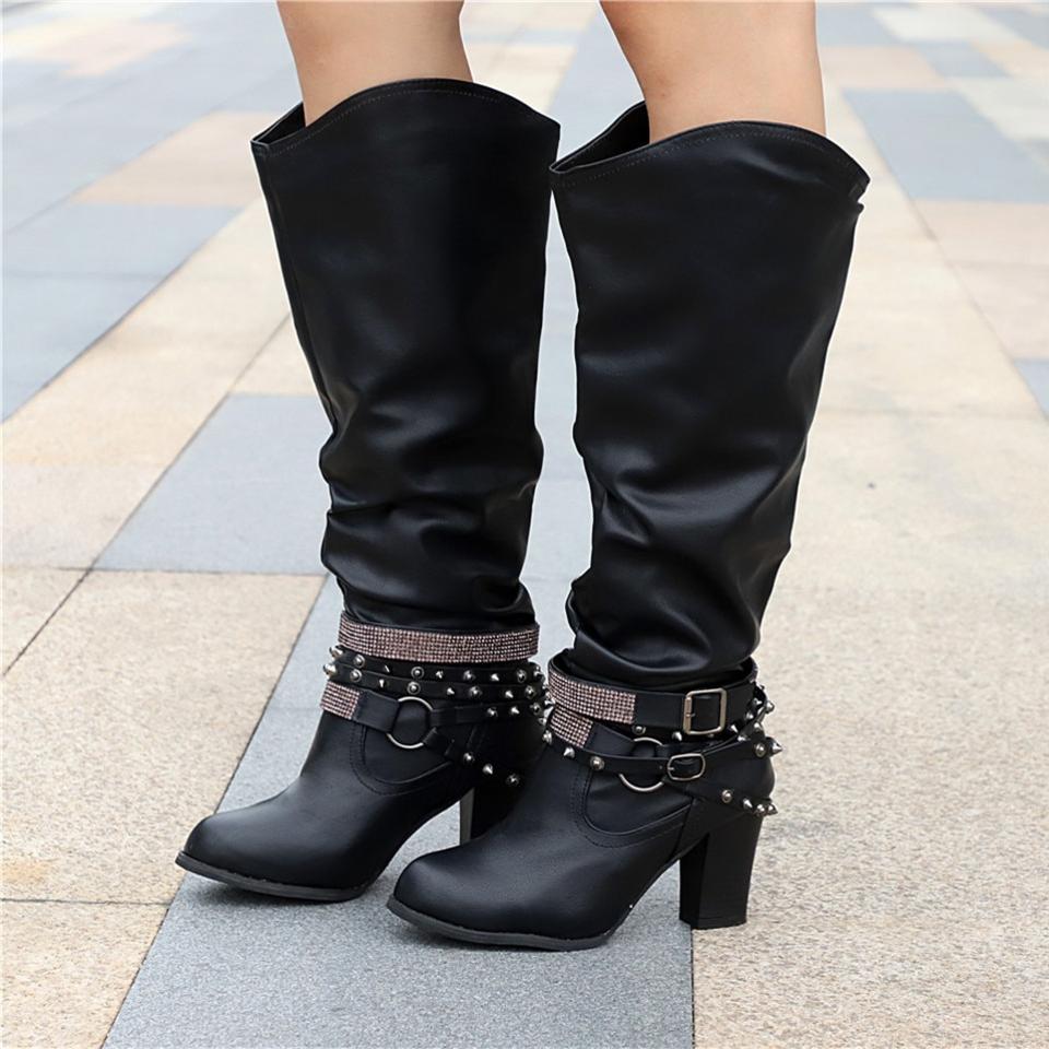 Women's Knee-High Boots - Slouchy Design - Block Heel
