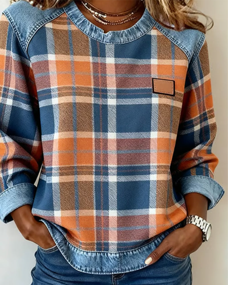 Women's Sweatshirt with Checkered Patchwork