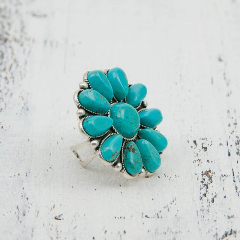 Women's Turquoise Alloy Flower Ring