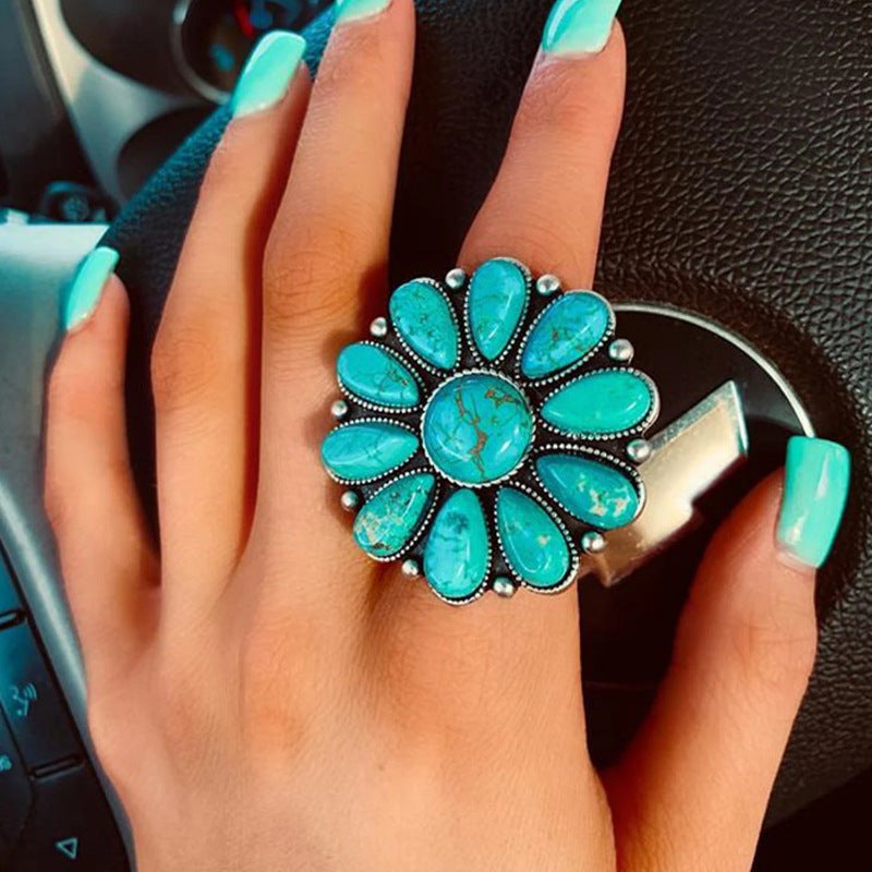 Women's Turquoise Alloy Flower Ring