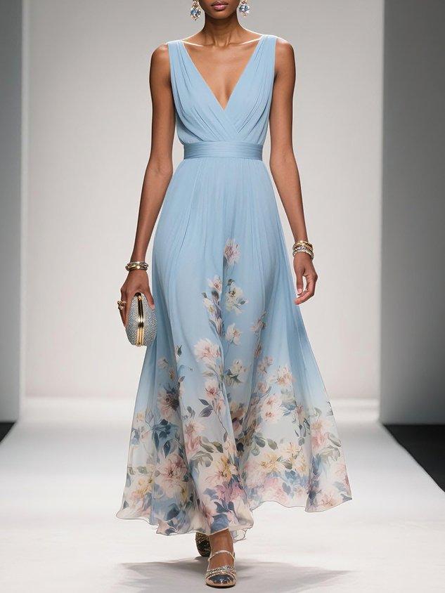 Women's Light Blue Floral Chiffon Maxi Dress