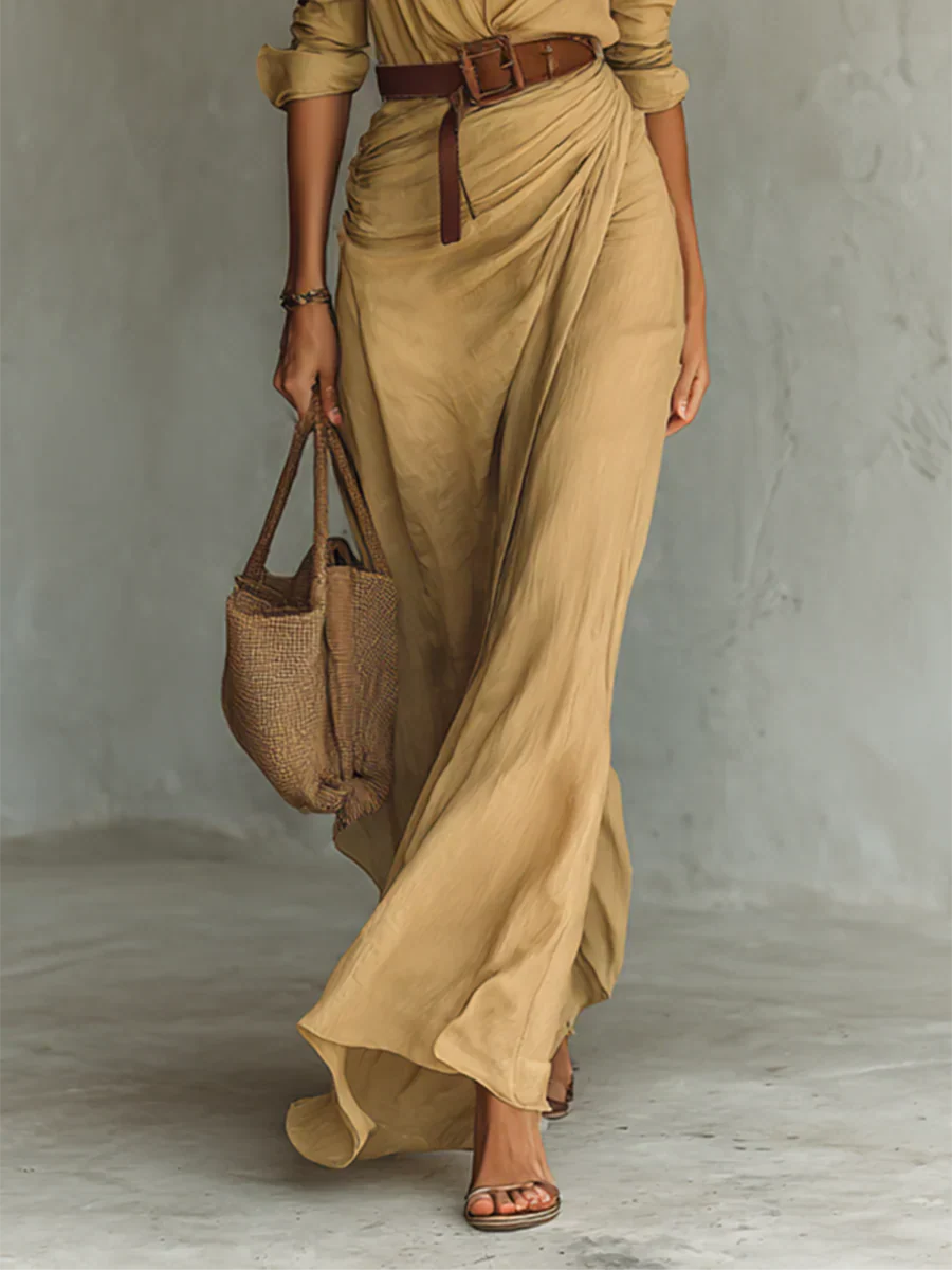 Women's Lapel Long Sleeve Belted Maxi Dress