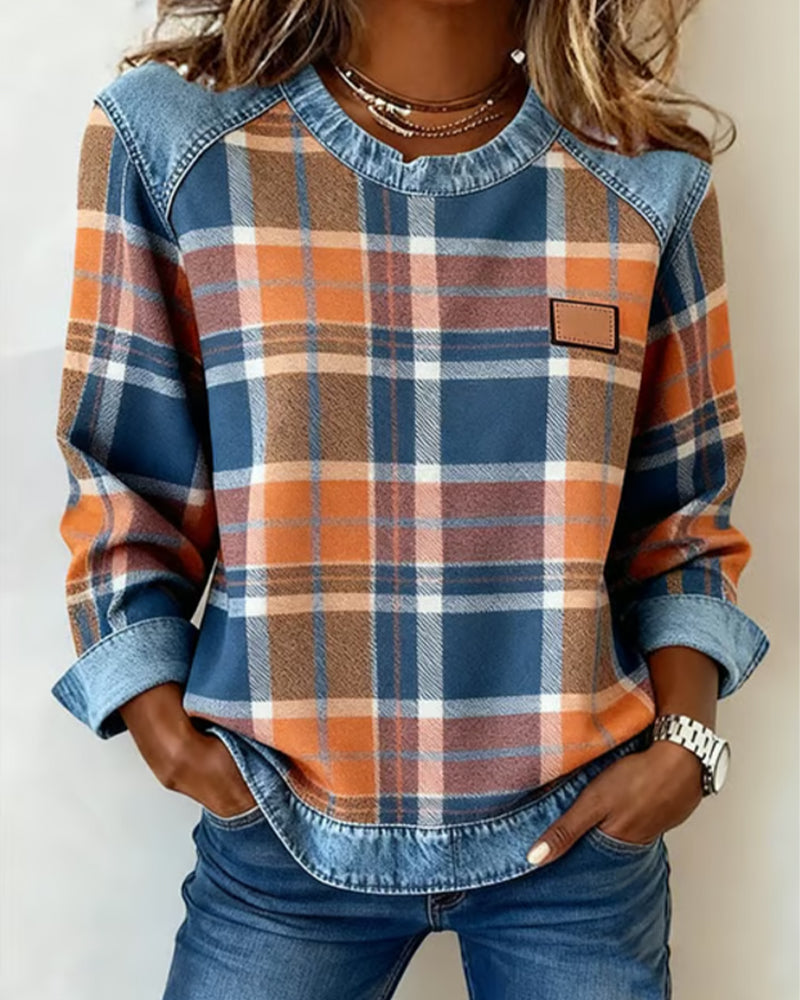 Women's Sweatshirt with Checkered Patchwork