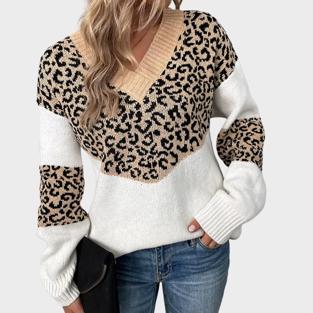 Women's Elegant V-neck Sweater Leopard