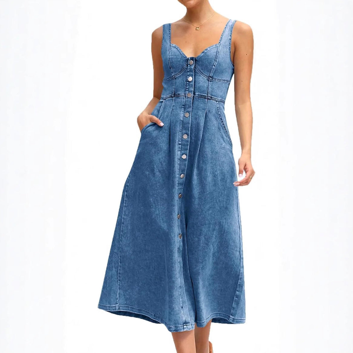 Women's Classic Sleeveless Button-Front Denim Dress