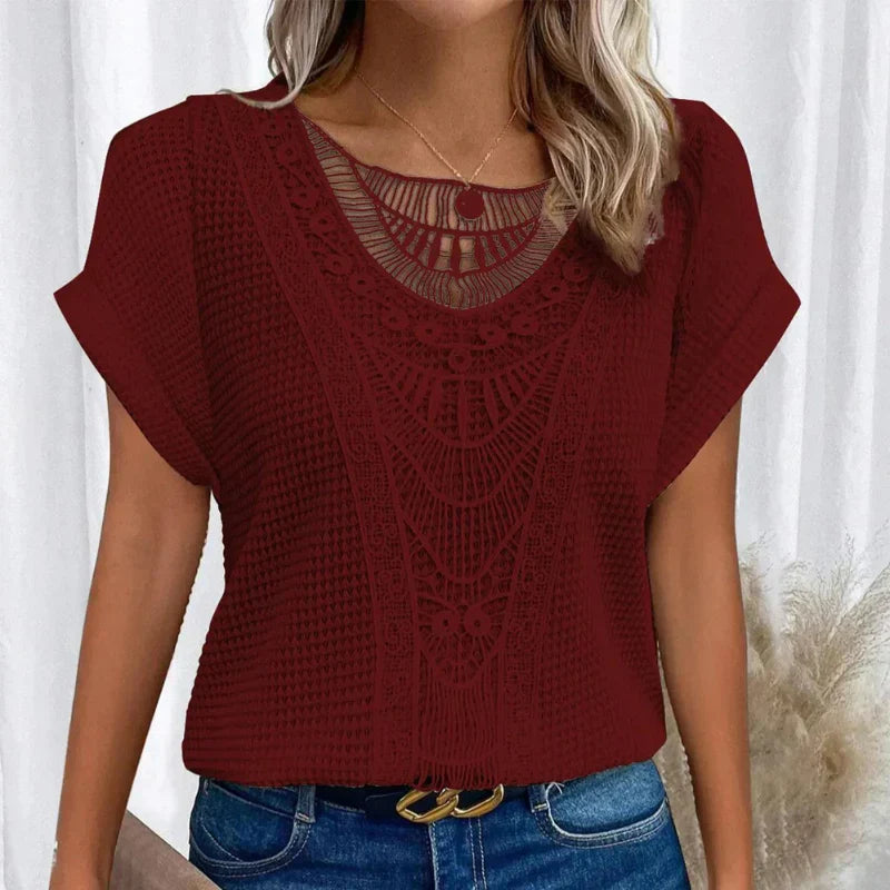 Women's Top with Round Neck and Lace Trim