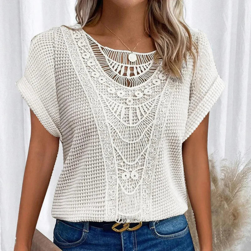 Women's Top with Round Neck and Lace Trim