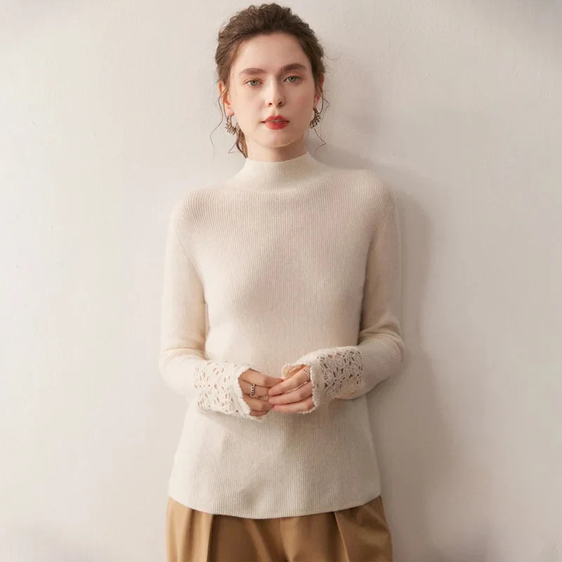 Women's wool sweater with half-high collar
