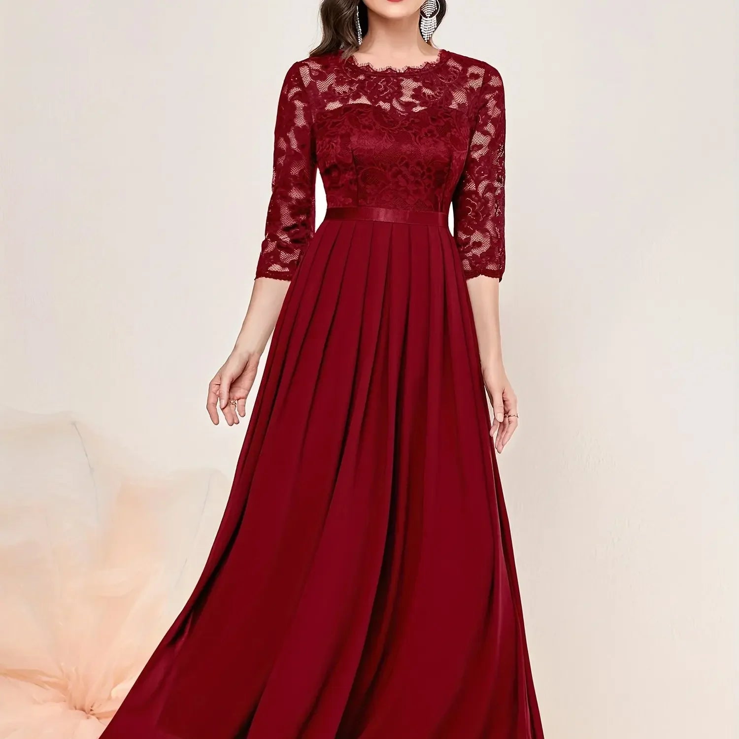 Women's Lace Pleated Quarter Sleeve Formal Evening Dress